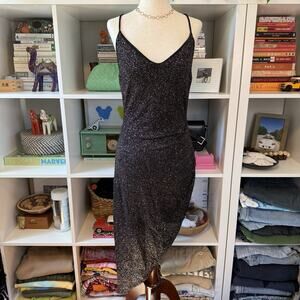 Vintage Y2K Windsor Dark Fairy Glitter Rouched Midi Body-con Dress Black Wms L